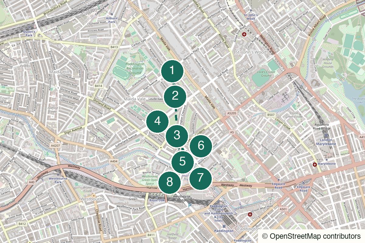 Sketch map of the walk: 8 numbered stops in order, from Maida Vale station – look back before leaving to Canal Cafe Theatre – NewsRevue, on an OpenStreetMap background.