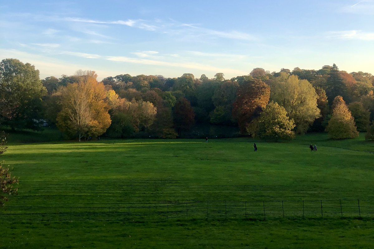 The meadow below Kenwood in low sun, the wooded ridge above the ponds turning orange, two walkers crossing the grass.